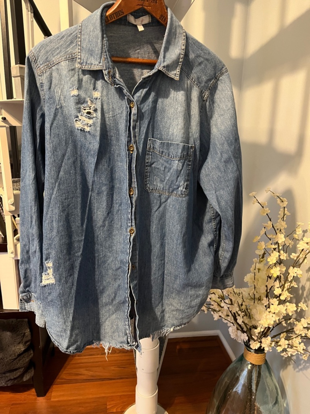 Women’s Light Wash Distressed Denim Button-Up Shirt 1X